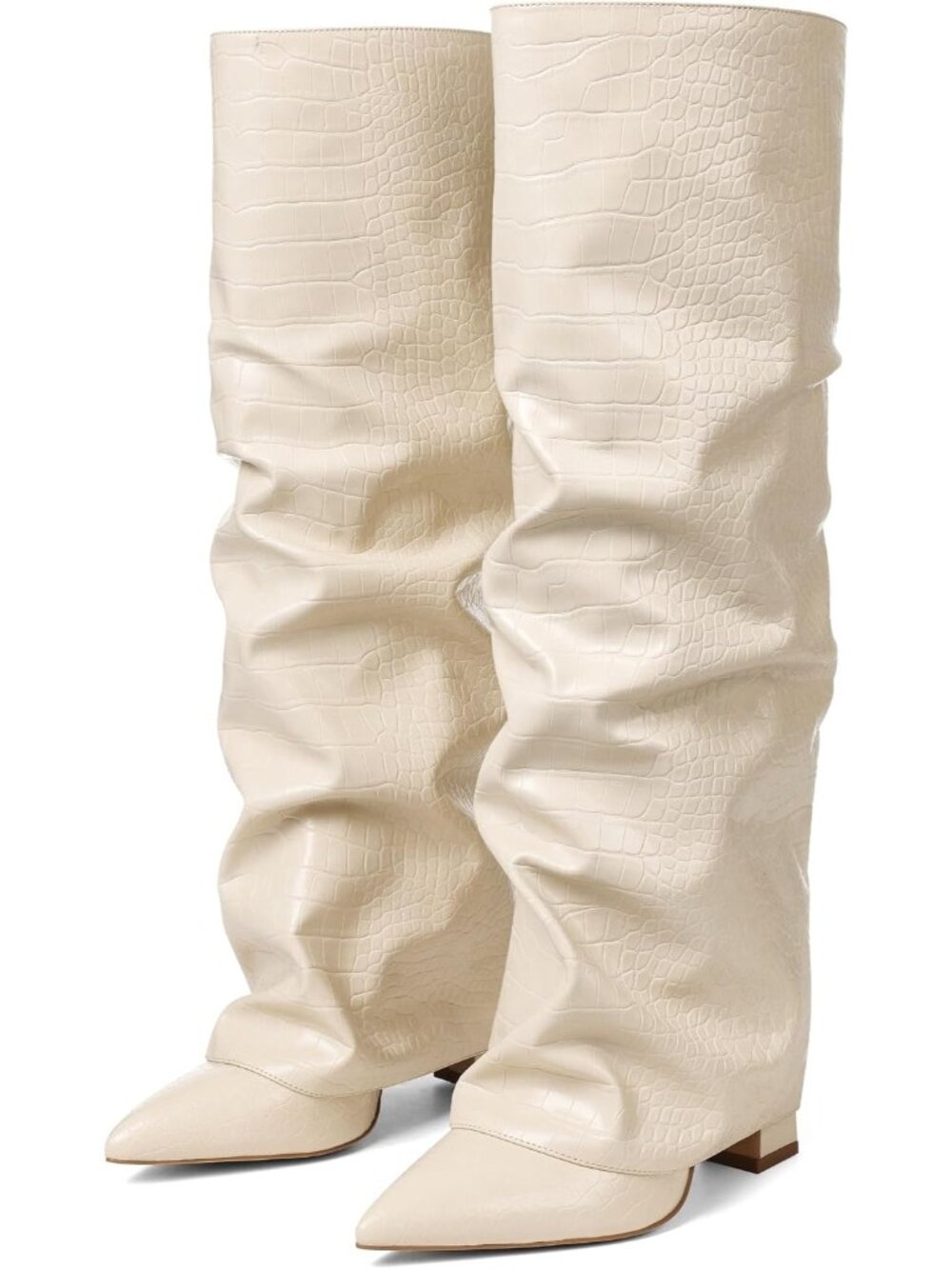 Women's Apricot Comfortable Pointed Toe Fold Over Chunky Slouchy Knee High Boots - Picture 4 of 5